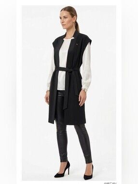 New Marc Cain Black Longline Sleeveless Waistcoat In Scuba Fabric